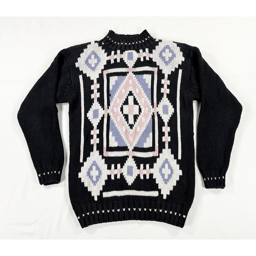 Vintage Zero Sport Womens S Geometric Knit Sweater Black Pink Mock Neck Pullover
